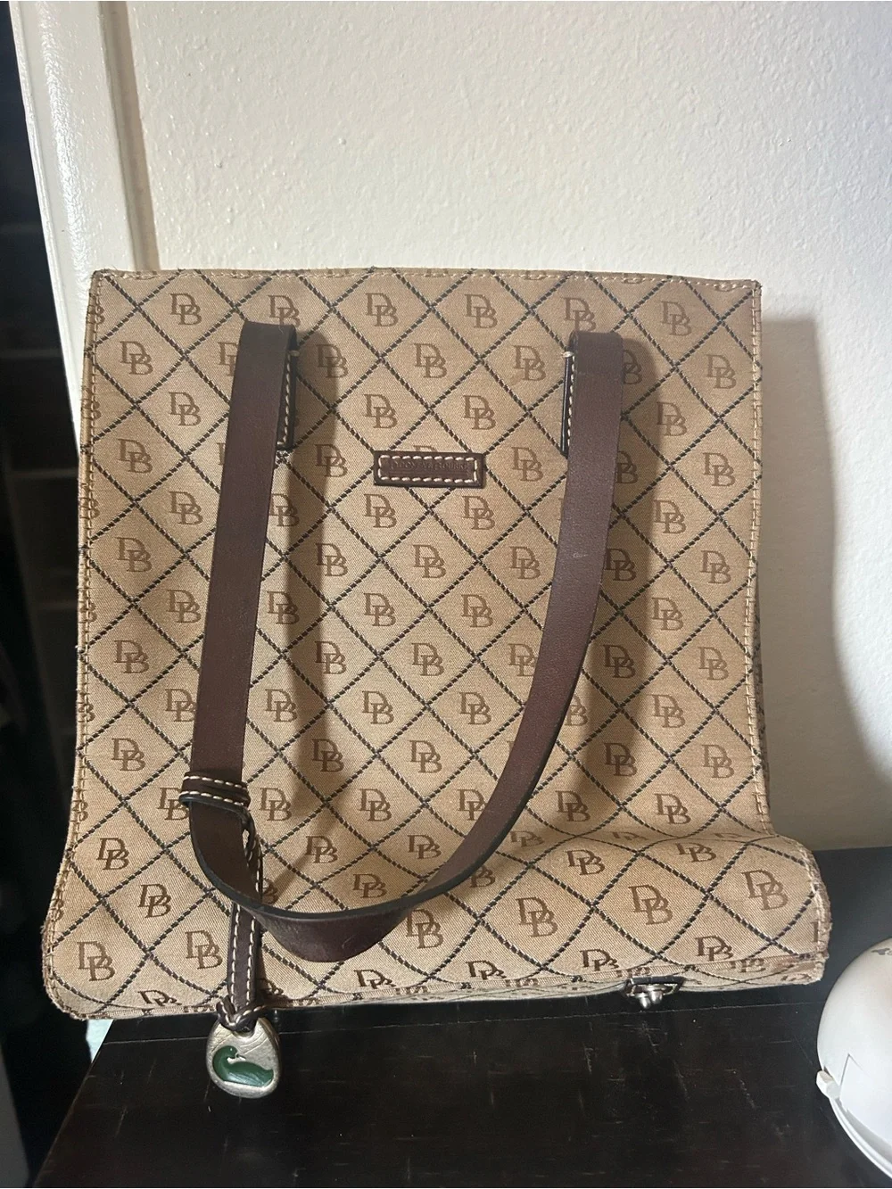 Dooney & Bourke Beige Canvas Monogram Tote with Brown Straps